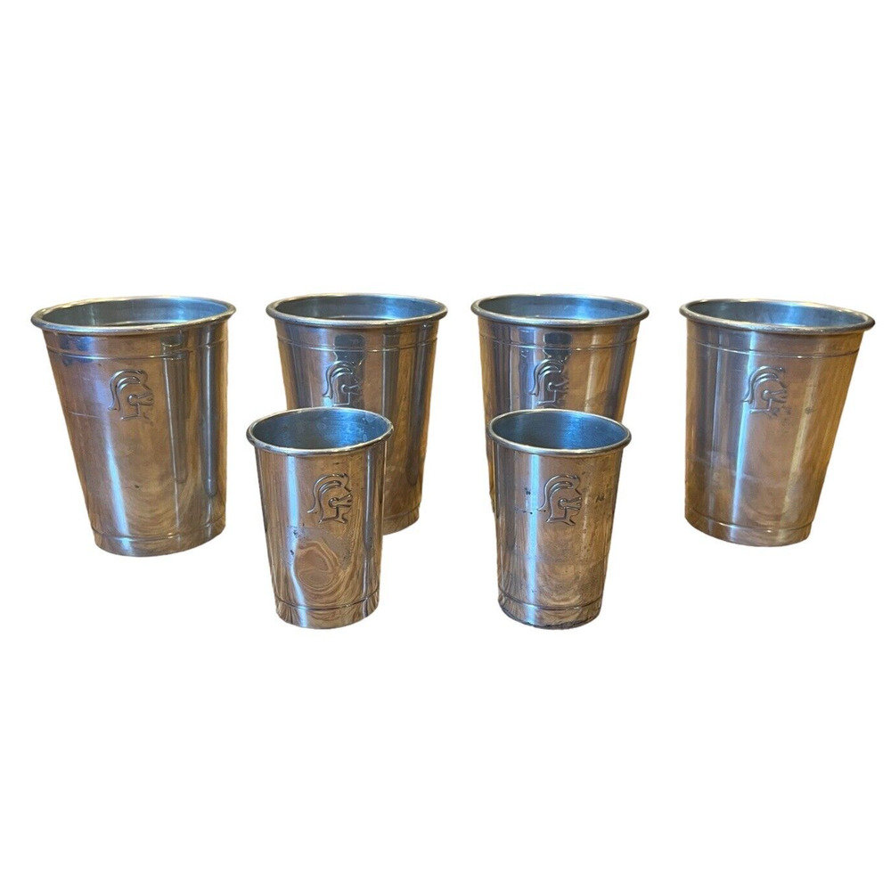 VTG ALUMINUM 4 TUMBLERS & 2 SHOT GLASSES BARWARE TROJAN SOLDIER HEAD MCM